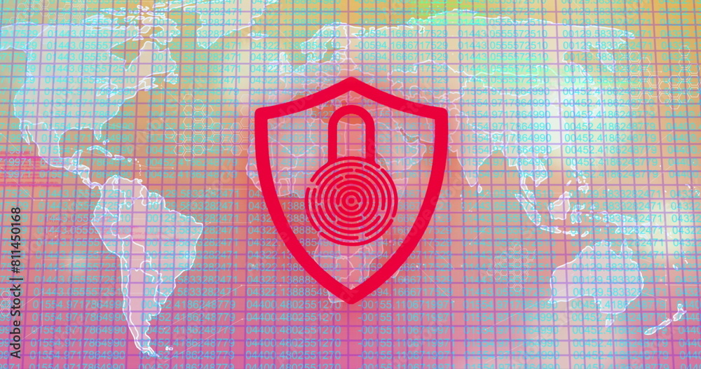 Poster image of illuminated padlock in shield over grid pattern against map in background