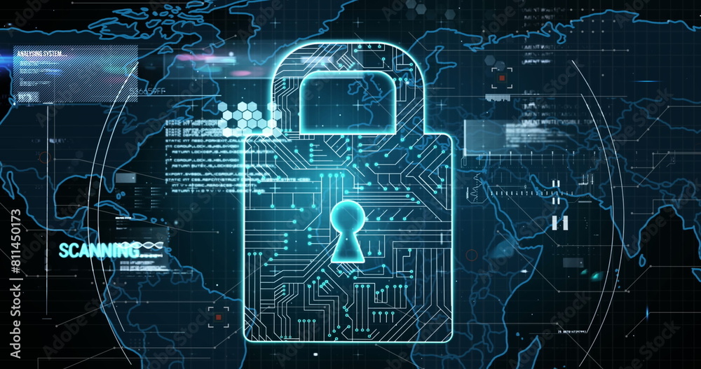 Poster image of analysis text, data processing over security padlock