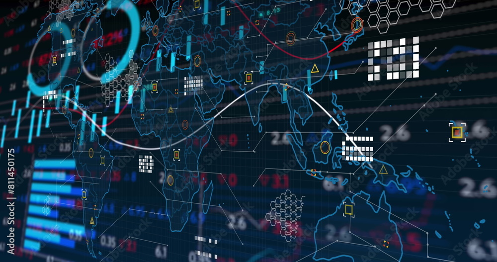 Poster image of data processing with statistics over world map
