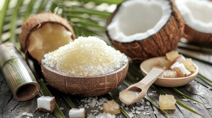 Fototapeta premium Spa Treatments with Essential Natural Beauty Ingredients Coconut Oil and Fresh Sugar Cane