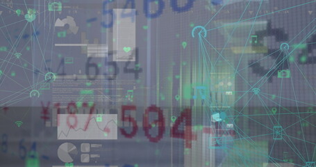 Image of connected icons with moving stock market data over infographic interface