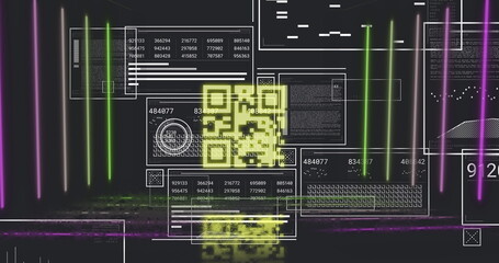 Image of qr code between lines, multiple numbers in squares and circles, graphs