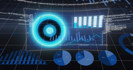 Image of graphs and data processing on screens in digital space