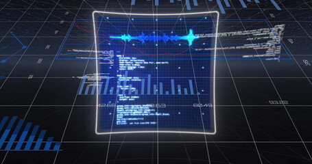 Image of graphs and data processing on screens in digital space
