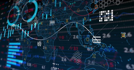 Image of data processing with statistics over world map