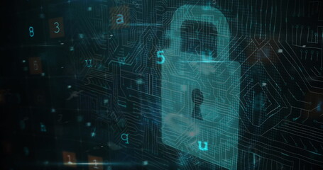 Image of cyberattack text, data processing over security padlock