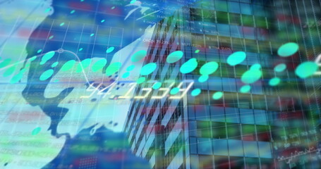 Image of financial data over buildings and world map