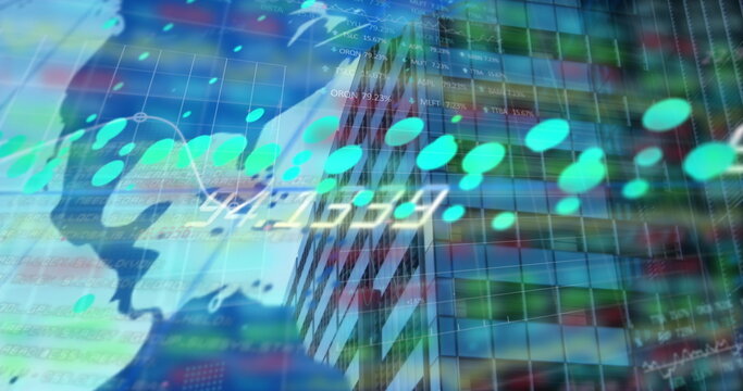 Image of financial data over buildings and world map