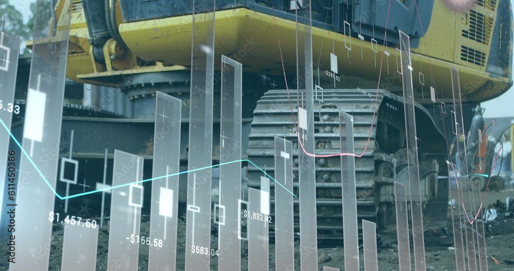 Poster image of multiple graphs with numbers over midsection of scrap yard machinery in scrap yard
