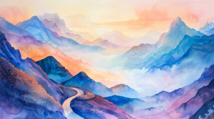 Dynamic watercolor of a winding road through a picturesque mountain pass, fog rolling over the peaks under a radiant sunrise