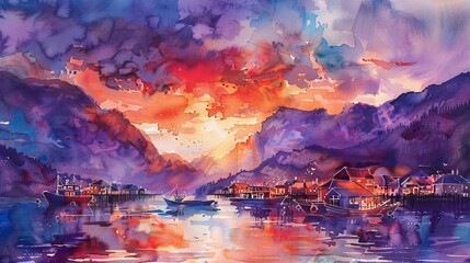 Dynamic watercolor of a coastal village, the boats bobbing in the harbor as the sunset bathes the sky and sea in vibrant reds and purples