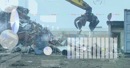 Image of infographic interface over scrap shearing machine pilling up metal scrap