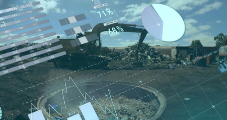 Image of infographic interface over crane piling up metal scrap in scrap yard
