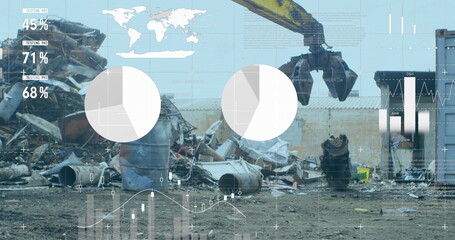 Image of infographic interface over scrap shearing machine pilling up metal scrap