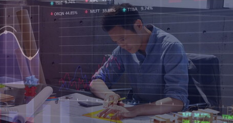 Image of financial data processing over asian businessman