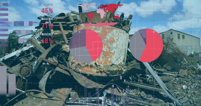 Image of infographic interface over piled up metal scrap in scrapyard - Powered by Adobe