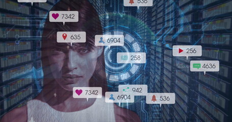 Image of social media icons over caucasian woman and data processing against server room
