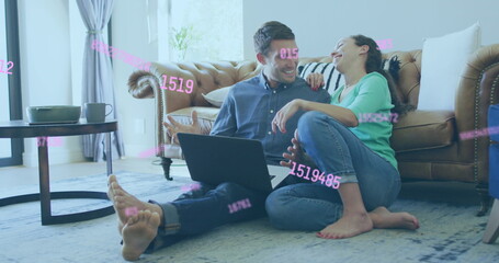 Image of data processing over caucasian couple using laptop