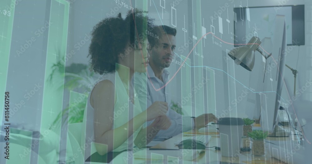 Poster image of graphs and changing numbers over diverse coworkers discussing reports on computer
