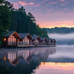Fototapeta premium Lakeside Cabins at Dawn Mockup: Tranquil Water Reflecting Serene Mornings