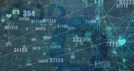 Image of network of connections with icons and data processing over globe