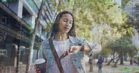 Image of stock market data processing over asian woman using smartphone on the street