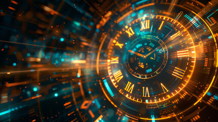 time concept, magical clock face and numbers on the futuristic glowing digital background. Concept of future time travel or cosmos