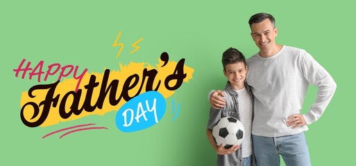 Greeting card for Happy Father's Day with young man and his little son holding soccer ball