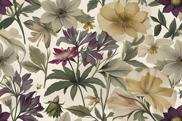 A seamless pattern of Victorian Pressed Flowers.