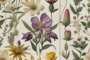 A seamless pattern of Victorian Pressed Flowers.