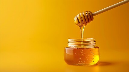 Close-up of a Glass Jar with Honey and a Honey Stirring Stick on a Solid Yellow Background