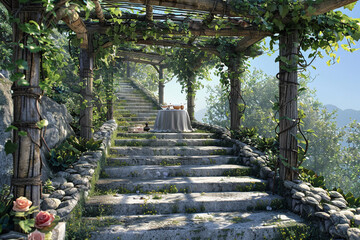 Pergola covered in vines reached by a rustic staircase, set for afternoon tea.