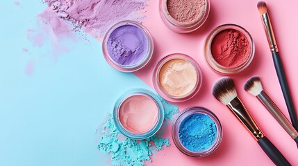 Colorful pastel background with different makeup powders in round jars and brushes for makeup on a pink and blue colored background, in a flat lay. Top view.