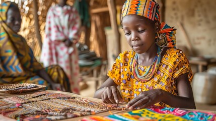 An educational scene where a Fulani girl learns the art of making traditional crafts from elder women, her focused expression highlighting the transfer of knowledge