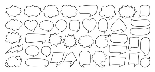 Speech bubble comic sign chatting box set. Contour empty design elements dialog clouds message box. Speech thought blobs comics book, balloon banner for speak text. Line vector illustration isolated