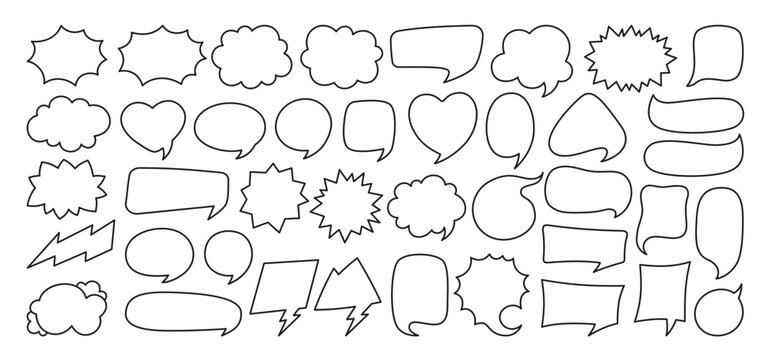 Speech bubble comic sign chatting box set. Contour empty design elements dialog clouds message box. Speech thought blobs comics book, balloon banner for speak text. Line vector illustration isolated