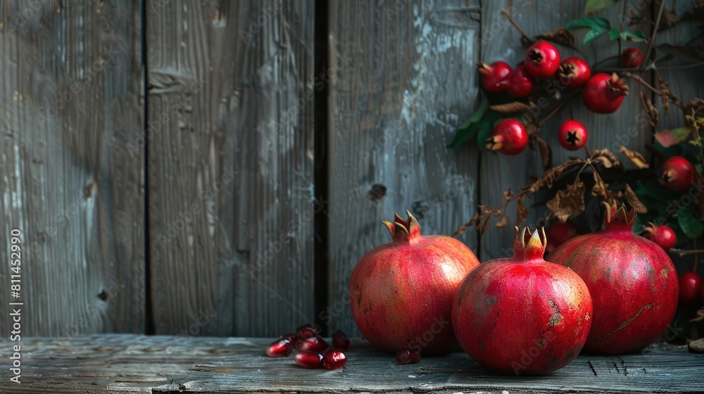 Poster Pomegranate fruits that are ripe set against a wooden backdrop