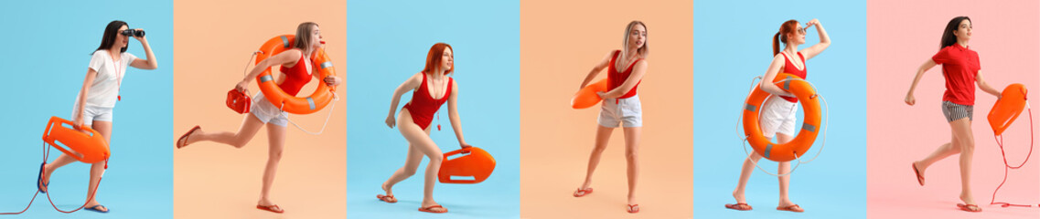 Set of female lifeguards on color background