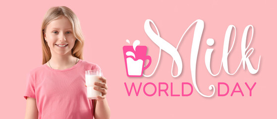 Happy little girl with cup of milk on pink background