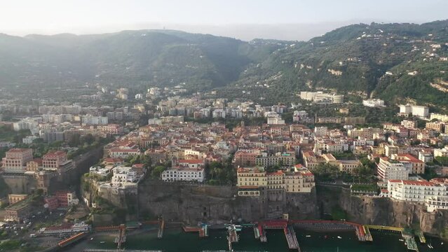 Aerial video of the Tyrrhenian Sea coast in Sorrento, Italy