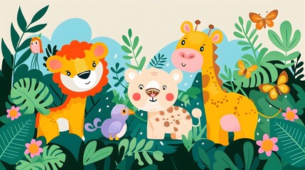 Whimsical Jungle Adventure with Cute Cartoon Animals and Toddlers