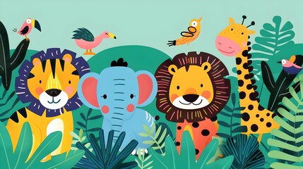 Fototapeta premium Playful Safari Adventure in the Lush Jungle with Charming Animal Characters