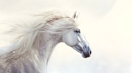 Ethereal White Horse with Celestial Mane in Mystical Sky Backdrop