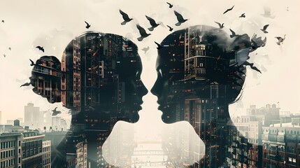 Surreal Double Exposure of Cityscape and Silhouetted Lovers' Faces Symbolizing Urban Connection