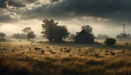 Cinematic Landscape of a Field With Storm Clouds and Trees - Powered by Adobe