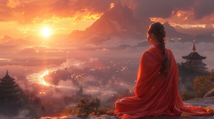 beautiful indian woman, kneeling in meditation, moutains landscape, hindu temple, sunset