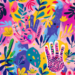 Colorful repeating botanical pattern with hand print