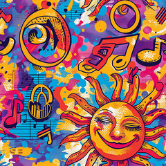 Colorful sunburst repeating pattern with music notes