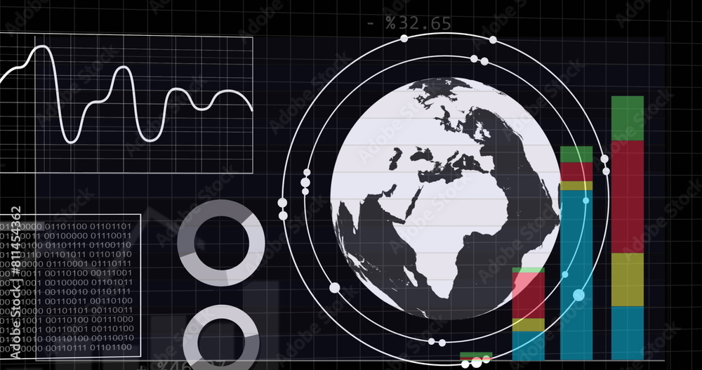 Poster image of graphs, binary codes and globe in circles over black background