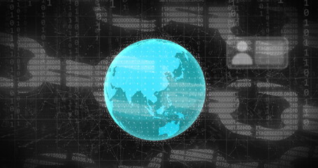 Image of message boxes, binary codes, globe, blockchain and connected dots over black background